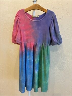 Fairwell Multicolor Tie-Dye Puff Sleeve Dress - Pink, Purple, Blue, Green
